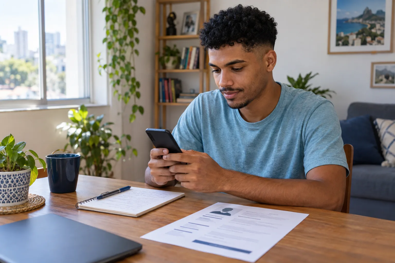 Pessoa preenchendo um currículo pelo celular